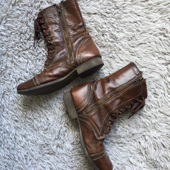 Brown Leather Steve Madden Troopa Combat Boots - Picture 2 of 9